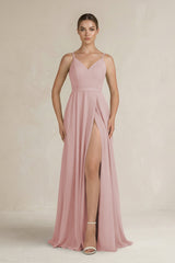 Ruched A - Line Chiffon Bridesmaid Dress with Slit in Dusty Rose - KissProm Bridesmaid Dresses