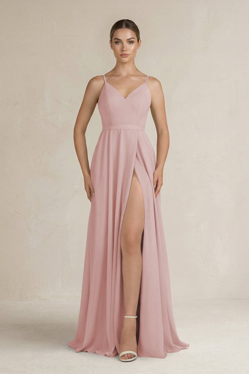 Ruched A - Line Chiffon Bridesmaid Dress with Slit in Dusty Rose - KissProm Bridesmaid Dresses