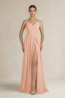 Ruched A - Line Chiffon Bridesmaid Dress with Slit in English Rose - KissProm Bridesmaid Dresses