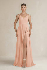 Ruched A - Line Chiffon Bridesmaid Dress with Slit in English Rose - KissProm Bridesmaid Dresses