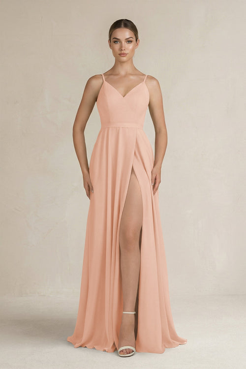 Ruched A - Line Chiffon Bridesmaid Dress with Slit in English Rose - KissProm Bridesmaid Dresses