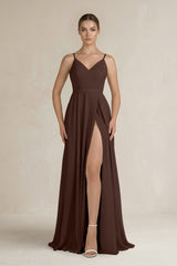 Ruched A - Line Chiffon Bridesmaid Dress with Slit in Espresso - KissProm Bridesmaid Dresses
