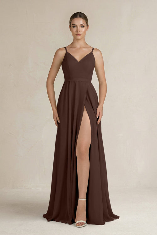 Ruched A - Line Chiffon Bridesmaid Dress with Slit in Espresso - KissProm Bridesmaid Dresses