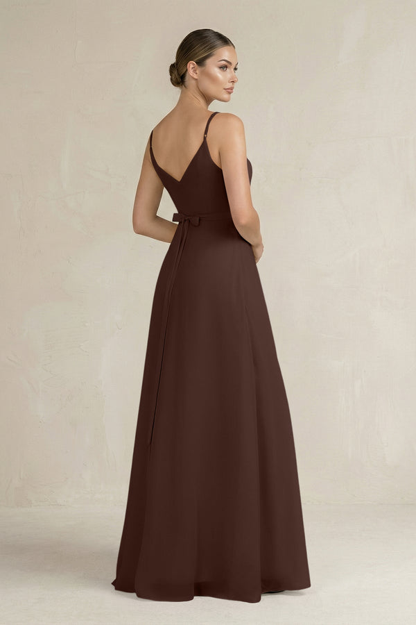 Ruched A - Line Chiffon Bridesmaid Dress with Slit in Espresso - KissProm Bridesmaid Dresses