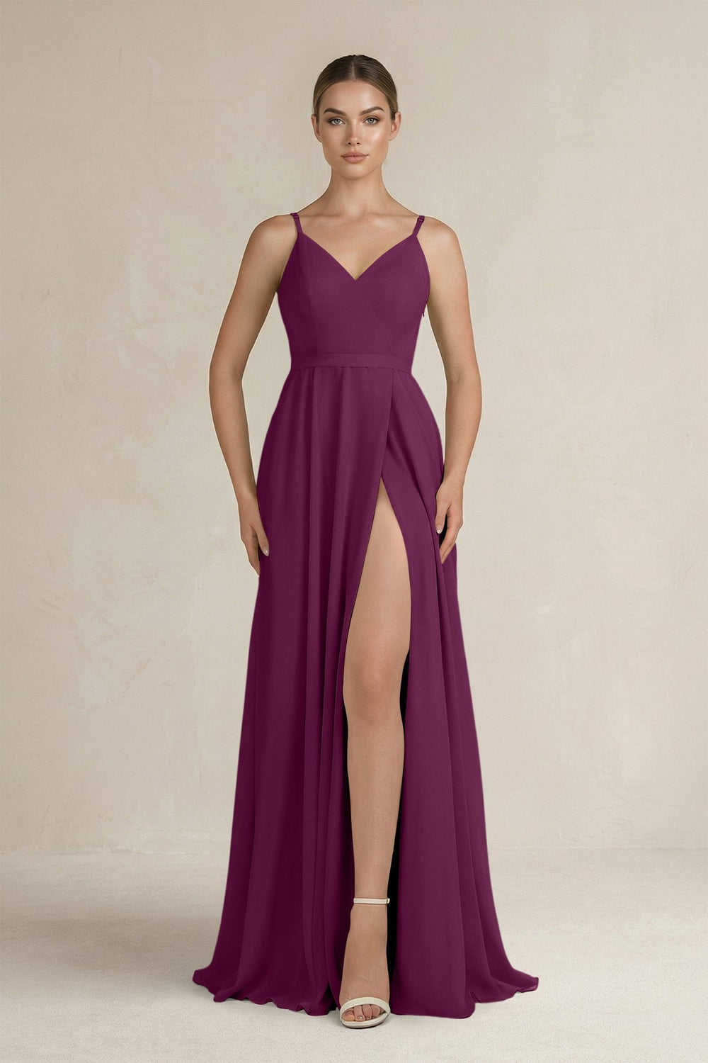 Ruched A - Line Chiffon Bridesmaid Dress with Slit in Fig - KissProm Bridesmaid Dresses