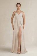 Ruched A - Line Chiffon Bridesmaid Dress with Slit in Frost - KissProm Bridesmaid Dresses