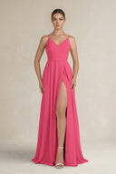 Ruched A - Line Chiffon Bridesmaid Dress with Slit in Fuchsia - KissProm Bridesmaid Dresses