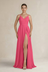 Ruched A - Line Chiffon Bridesmaid Dress with Slit in Fuchsia - KissProm Bridesmaid Dresses