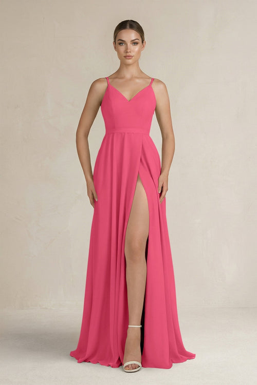 Ruched A - Line Chiffon Bridesmaid Dress with Slit in Fuchsia - KissProm Bridesmaid Dresses