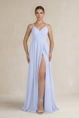 Ruched A - Line Chiffon Bridesmaid Dress with Slit in Ice - KissProm Bridesmaid Dresses