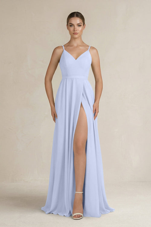 Ruched A - Line Chiffon Bridesmaid Dress with Slit in Ice - KissProm Bridesmaid Dresses