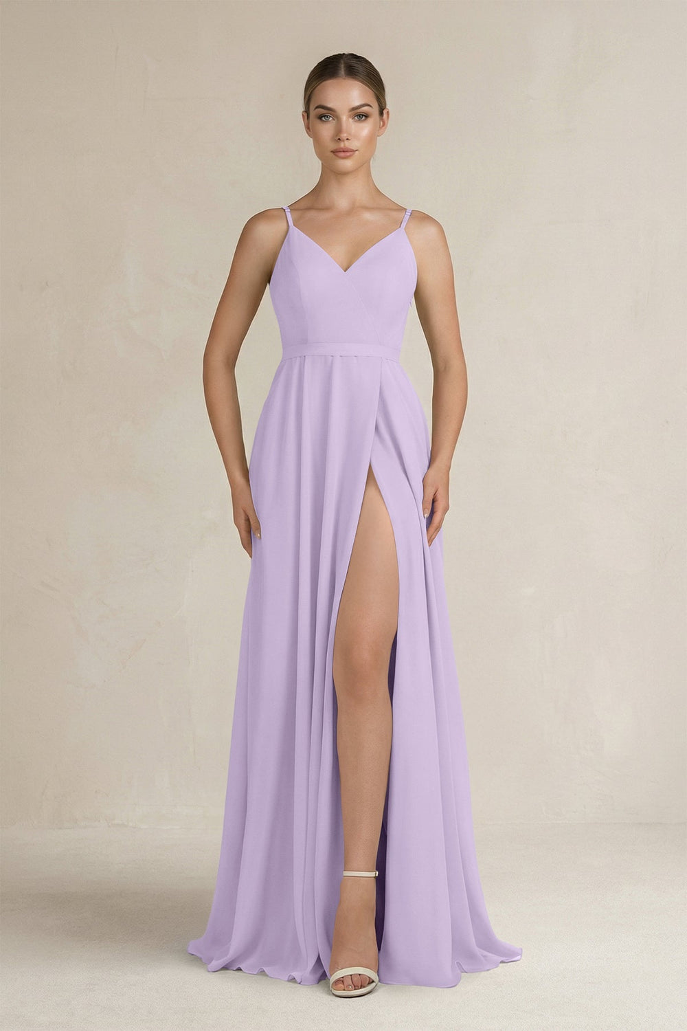 Ruched A - Line Chiffon Bridesmaid Dress with Slit in Lavender - KissProm Bridesmaid Dresses