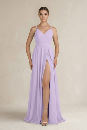 Ruched A - Line Chiffon Bridesmaid Dress with Slit in Lavender - KissProm Bridesmaid Dresses