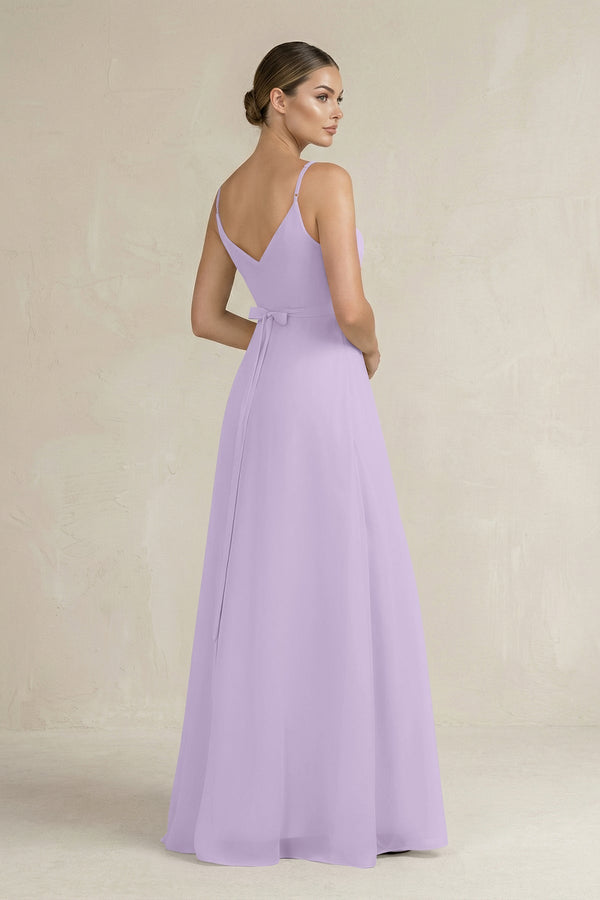 Ruched A - Line Chiffon Bridesmaid Dress with Slit in Lavender - KissProm Bridesmaid Dresses