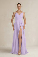 Ruched A - Line Chiffon Bridesmaid Dress with Slit in Lavender - KissProm Bridesmaid Dresses