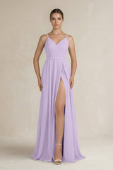 Ruched A - Line Chiffon Bridesmaid Dress with Slit in Lavender - KissProm Bridesmaid Dresses