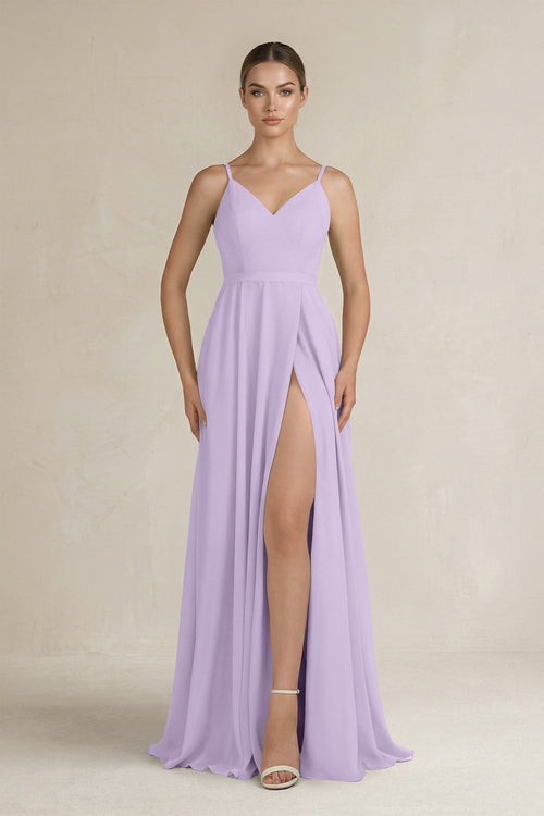 Ruched A - Line Chiffon Bridesmaid Dress with Slit in Lavender - KissProm Bridesmaid Dresses