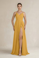 Ruched A - Line Chiffon Bridesmaid Dress with Slit in Marigold - KissProm Bridesmaid Dresses