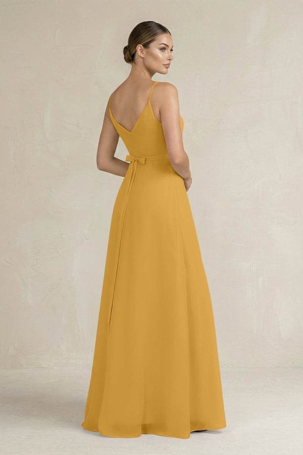 Ruched A - Line Chiffon Bridesmaid Dress with Slit in Marigold - KissProm Bridesmaid Dresses