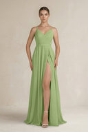 Ruched A - Line Chiffon Bridesmaid Dress with Slit in Matcha - KissProm Bridesmaid Dresses