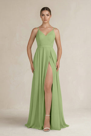 Ruched A - Line Chiffon Bridesmaid Dress with Slit in Matcha - KissProm Bridesmaid Dresses