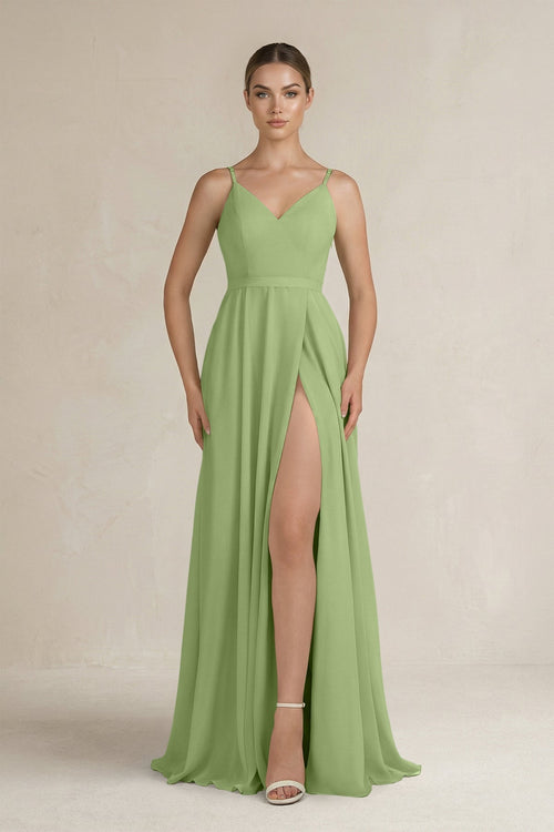 Ruched A - Line Chiffon Bridesmaid Dress with Slit in Matcha - KissProm Bridesmaid Dresses