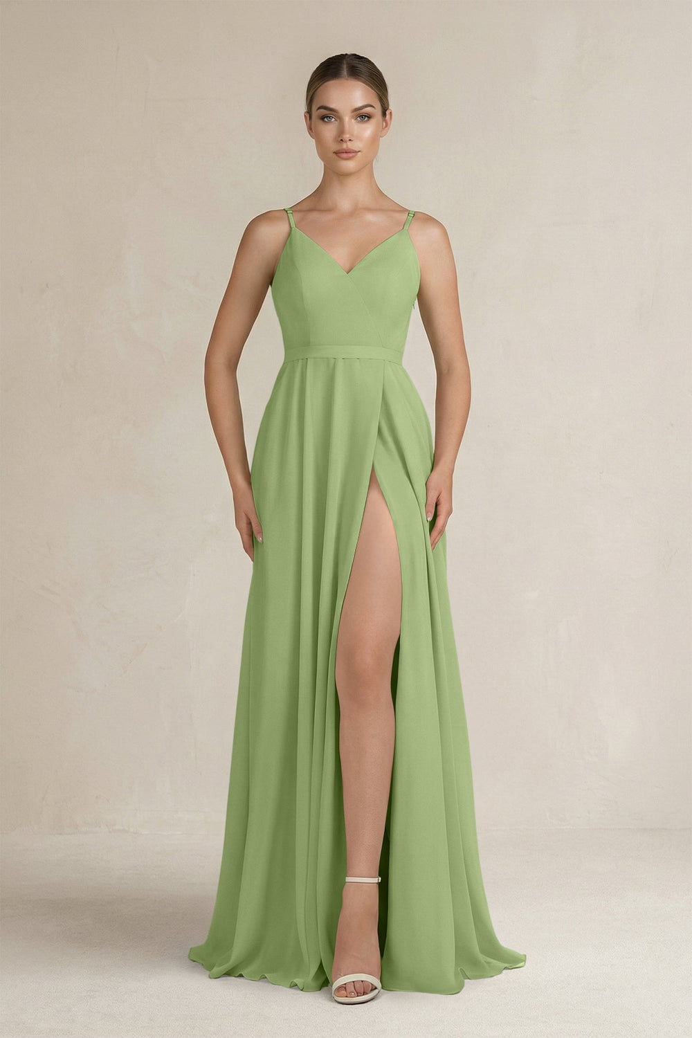 Ruched A - Line Chiffon Bridesmaid Dress with Slit in Matcha - KissProm Bridesmaid Dresses