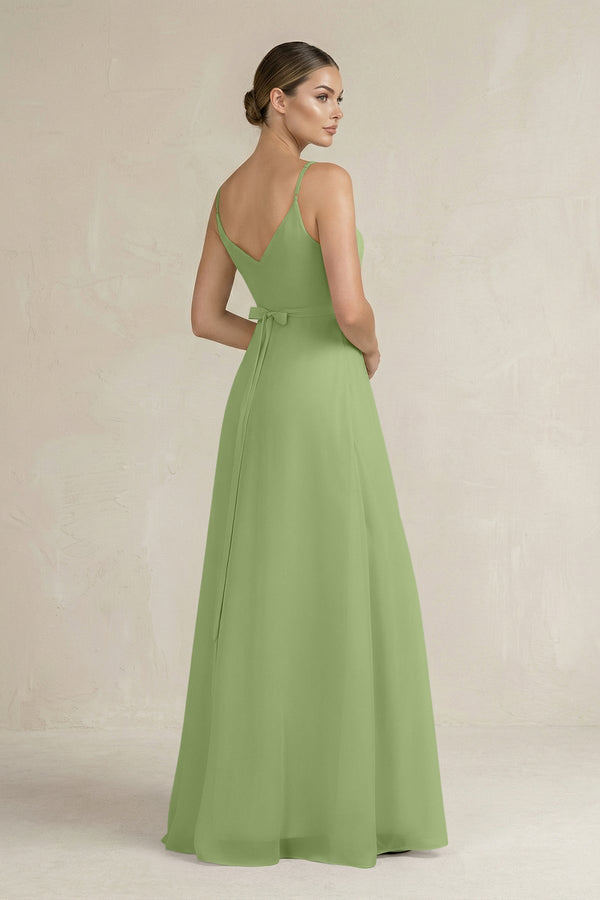 Ruched A - Line Chiffon Bridesmaid Dress with Slit in Matcha - KissProm Bridesmaid Dresses