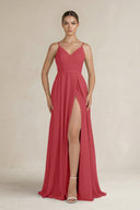Ruched A - Line Chiffon Bridesmaid Dress with Slit in Merlot - KissProm Bridesmaid Dresses