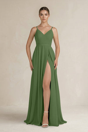 Ruched A - Line Chiffon Bridesmaid Dress with Slit in Moss - KissProm Bridesmaid Dresses