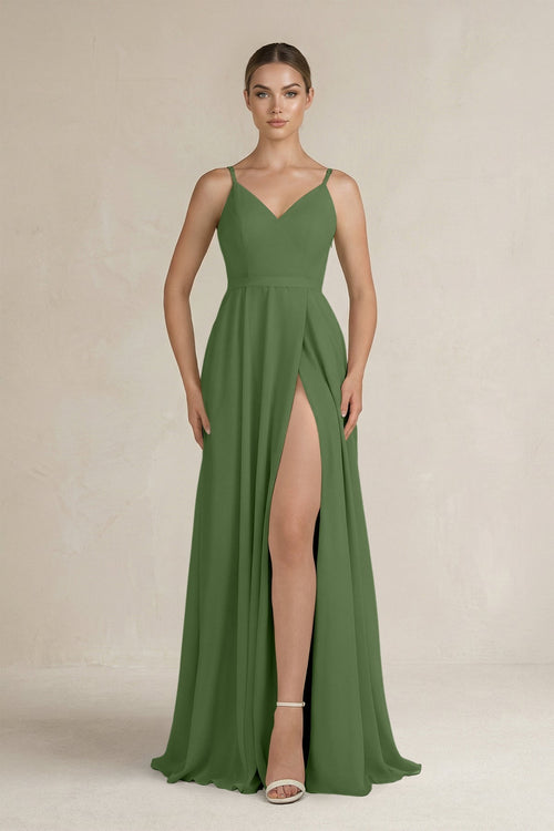 Ruched A - Line Chiffon Bridesmaid Dress with Slit in Moss - KissProm Bridesmaid Dresses