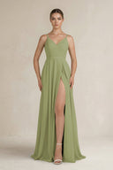 Ruched A - Line Chiffon Bridesmaid Dress with Slit in Moss Green - KissProm Bridesmaid Dresses