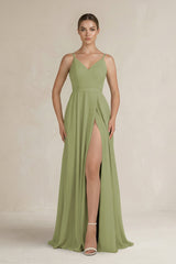 Ruched A - Line Chiffon Bridesmaid Dress with Slit in Moss Green - KissProm Bridesmaid Dresses