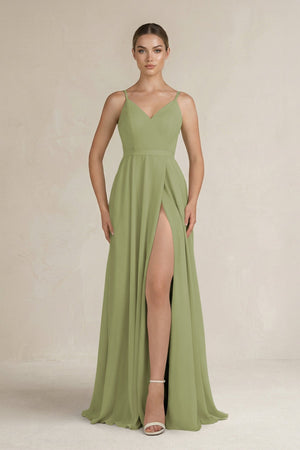 Ruched A - Line Chiffon Bridesmaid Dress with Slit in Moss Green - KissProm Bridesmaid Dresses