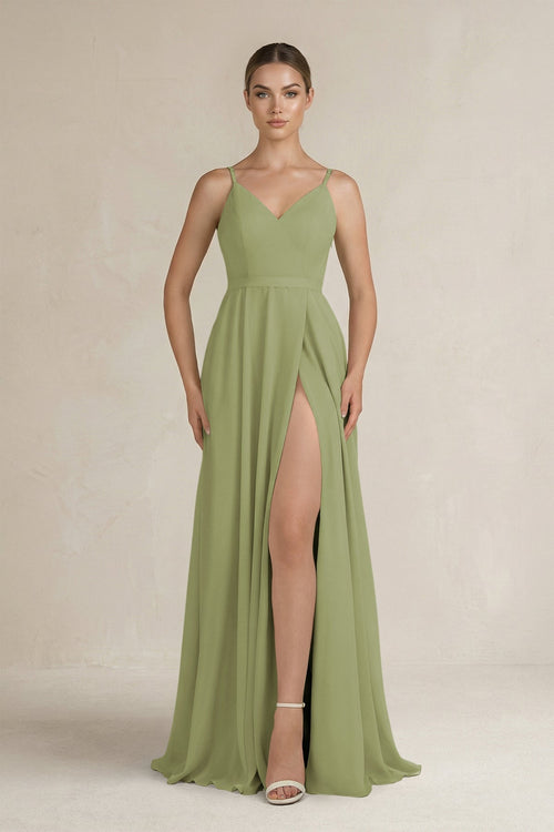 Ruched A - Line Chiffon Bridesmaid Dress with Slit in Moss Green - KissProm Bridesmaid Dresses