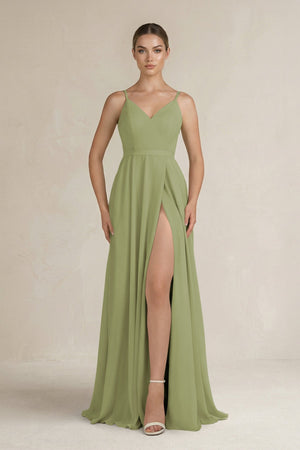 Ruched A - Line Chiffon Bridesmaid Dress with Slit in Moss Green - KissProm Bridesmaid Dresses