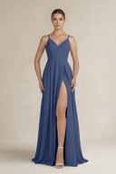 Ruched A - Line Chiffon Bridesmaid Dress with Slit in Navy - KissProm Bridesmaid Dresses