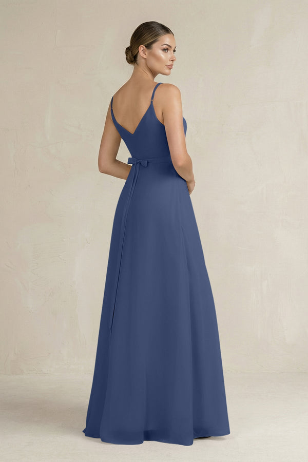 Ruched A - Line Chiffon Bridesmaid Dress with Slit in Navy - KissProm Bridesmaid Dresses