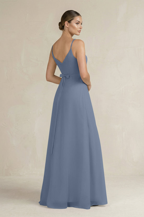 Ruched A - Line Chiffon Bridesmaid Dress with Slit in Neptune - KissProm Bridesmaid Dresses