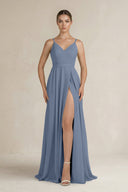 Ruched A - Line Chiffon Bridesmaid Dress with Slit in Neptune - KissProm Bridesmaid Dresses