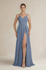 Ruched A - Line Chiffon Bridesmaid Dress with Slit in Neptune - KissProm Bridesmaid Dresses
