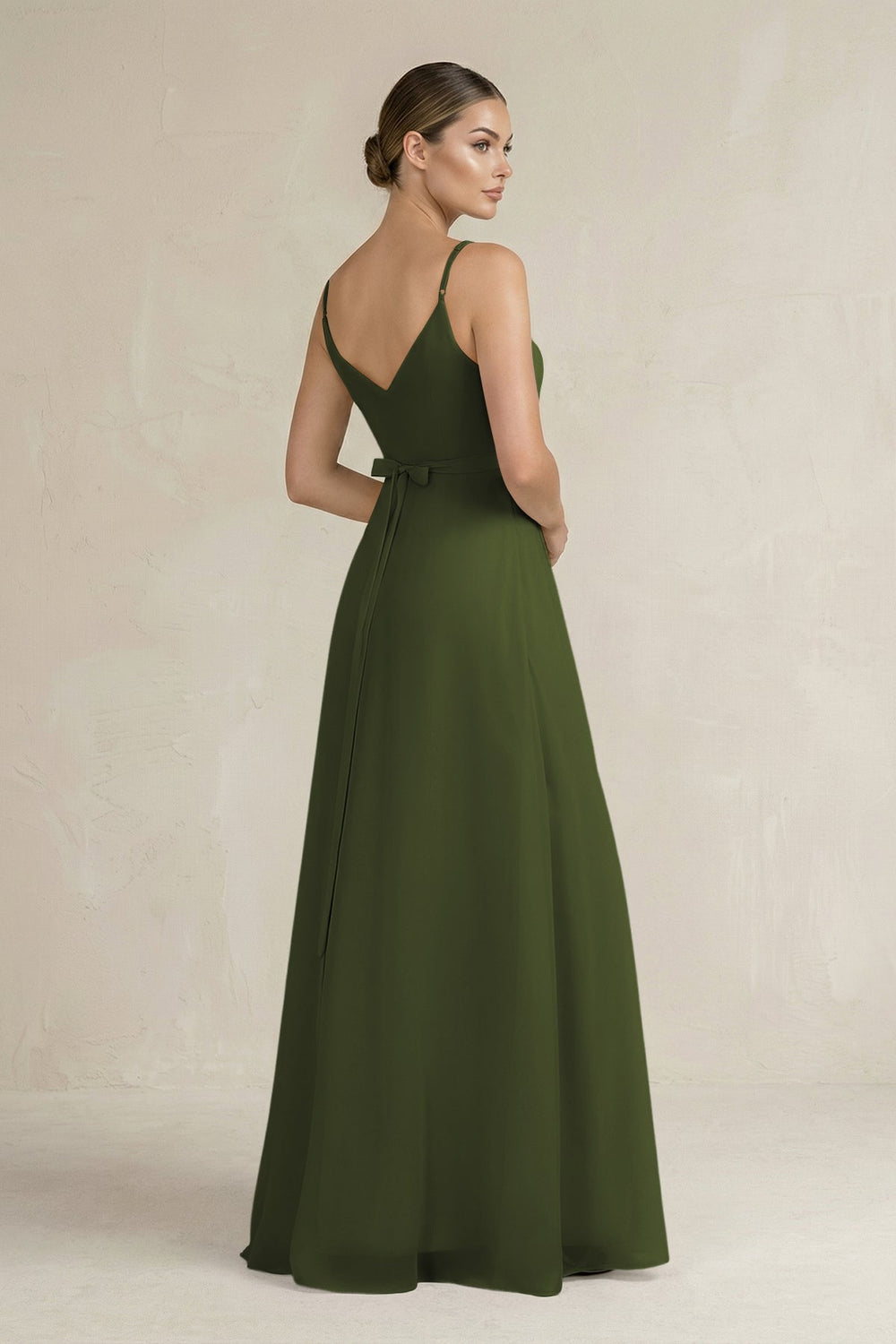 Ruched A - Line Chiffon Bridesmaid Dress with Slit in Olive - KissProm Bridesmaid Dresses
