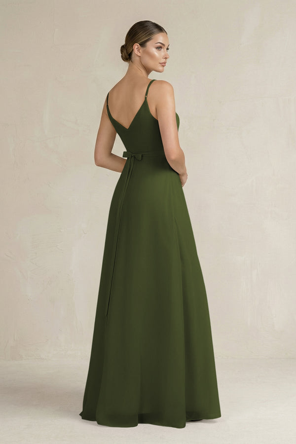 Ruched A - Line Chiffon Bridesmaid Dress with Slit in Olive - KissProm Bridesmaid Dresses