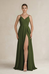 Ruched A - Line Chiffon Bridesmaid Dress with Slit in Olive - KissProm Bridesmaid Dresses