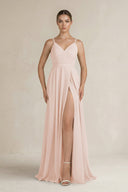 Ruched A - Line Chiffon Bridesmaid Dress with Slit in Pale Blush - KissProm Bridesmaid Dresses