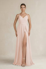Ruched A - Line Chiffon Bridesmaid Dress with Slit in Pale Blush - KissProm Bridesmaid Dresses