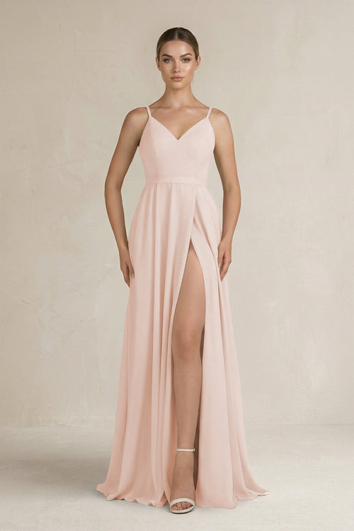 Ruched A - Line Chiffon Bridesmaid Dress with Slit in Pale Blush - KissProm Bridesmaid Dresses