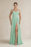 Ruched A-Line Chiffon Bridesmaid Dress with Slit in Pale Pistachio - KissProm BRIDESMAID DRESSES