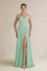 Ruched A-Line Chiffon Bridesmaid Dress with Slit in Pale Pistachio - KissProm BRIDESMAID DRESSES