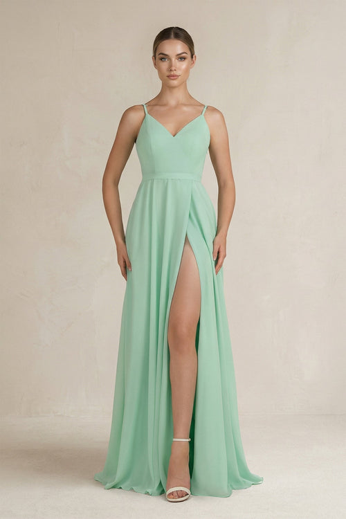 Ruched A-Line Chiffon Bridesmaid Dress with Slit in Pale Pistachio - KissProm BRIDESMAID DRESSES